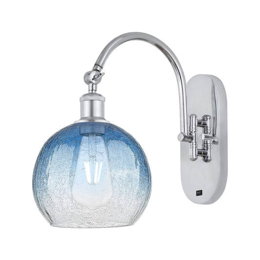 Innovations Brookhaven Globe 8in 1-Light Wall Sconce | Industrial Polished Chrome and Sapphire Blue Glass | Hallway & Bathroom | Model 918-1W-PC-G483-8SB