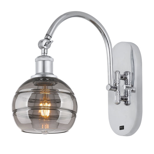Innovations Rochester 6in 1-Light Wall Sconce | Industrial Polished Chrome Steel and Light Smoke Glass | Bedroom & Hallway | Model 918-1W-PC-G556-6SM