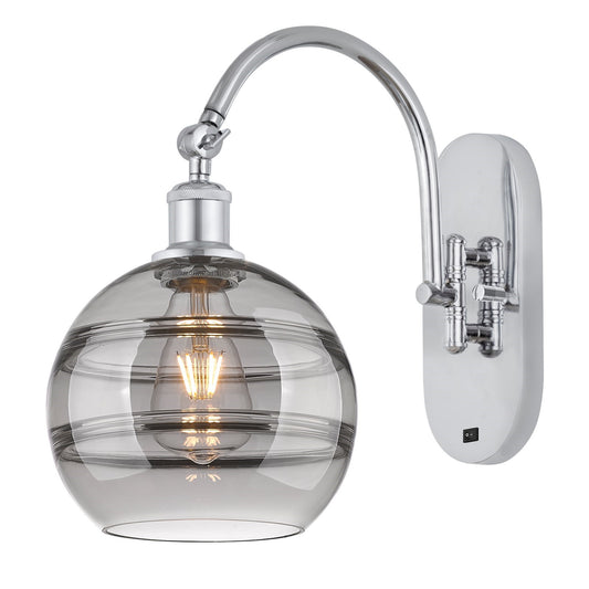 Innovations Rochester 8in 1-Light Wall Sconce | Industrial Polished Chrome and Light Smoke Glass | Bedroom & Hallway Accent | Model 918-1W-PC-G556-8SM