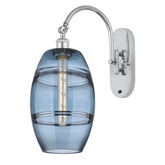 Innovations Vaz 8in 1-Light Wall Sconce | Industrial Polished Chrome and Blue Glass | Bathroom & Hallway Accent | Model 918-1W-PC-G557-8BL