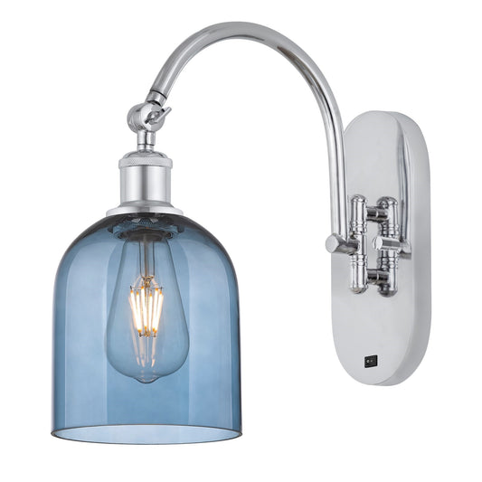 Innovations Bella 5.5in 1-Light Wall Sconce | Industrial Polished Chrome and Blue Glass | Bathroom & Hallway Accent | Model 918-1W-PC-G558-6BL
