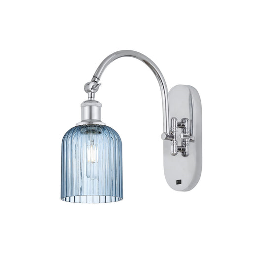 Innovations Bridal Veil 5in 1-Light Wall Sconce | Industrial Polished Chrome and Princess Blue Ribbed Glass | Bedroom & Hallway | Model 918-1W-PC-G559-5BL