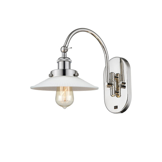 Innovations Halophane 8.5in 1-Light Swing Arm Wall Sconce | Industrial Polished Nickel Steel and Matte White Frosted Glass | Bedroom | Model 918-1W-PN-G1