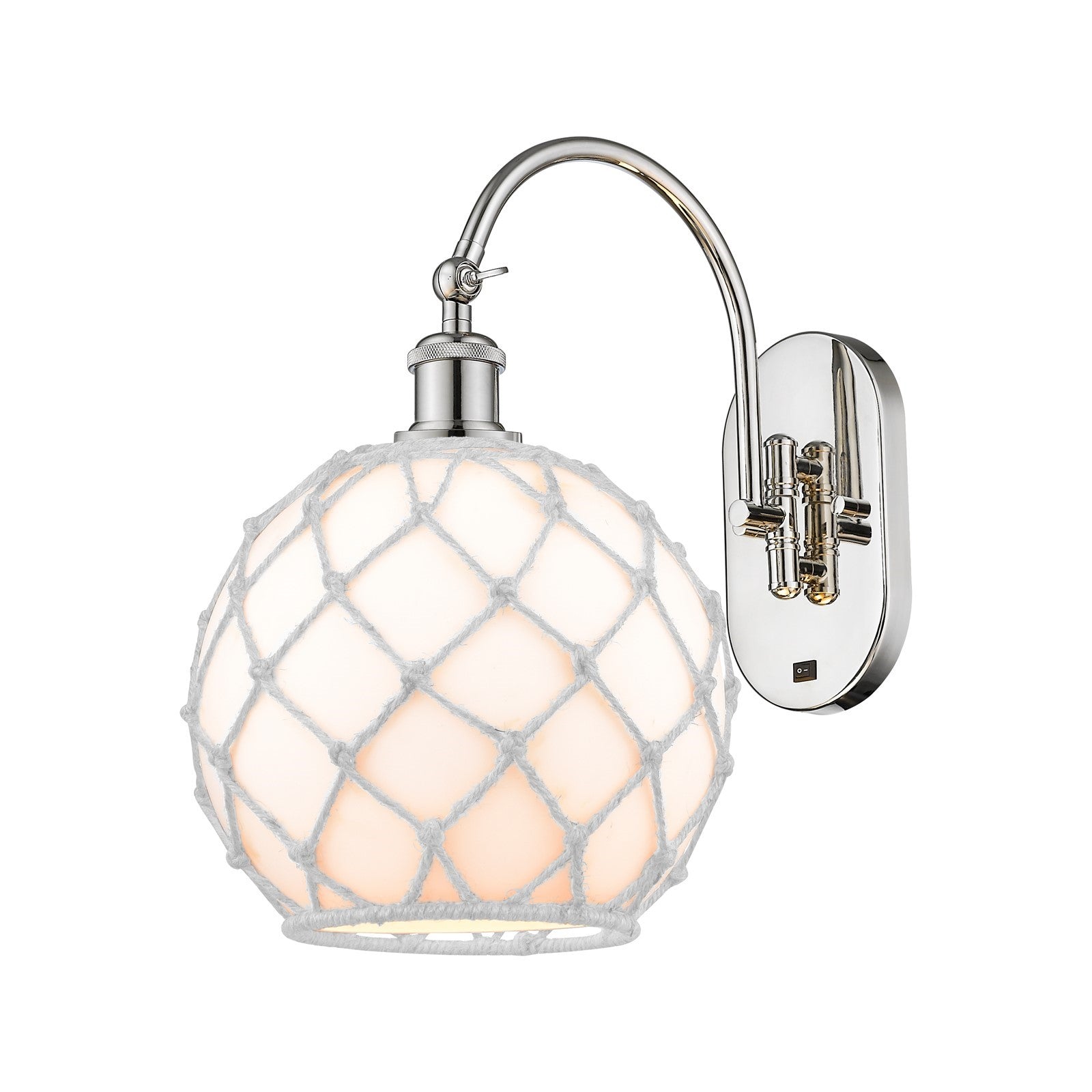 Innovations Farmhouse Rope 10in 1-Light Wall Sconce | Industrial Polished Nickel and White Glass with White Rope | Damp-Rated | Model 918-1W-PN-G121-10RW