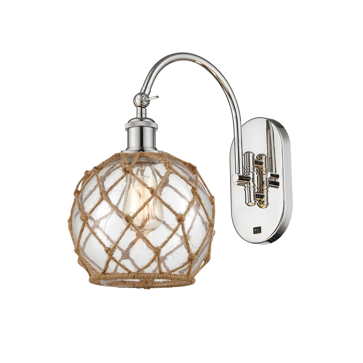 Innovations Farmhouse Rope 8in 1-Light Wall Sconce | Industrial Polished Nickel Steel and Clear Glass with Brown Rope | Bedroom | Model 918-1W-PN-G122-8RB
