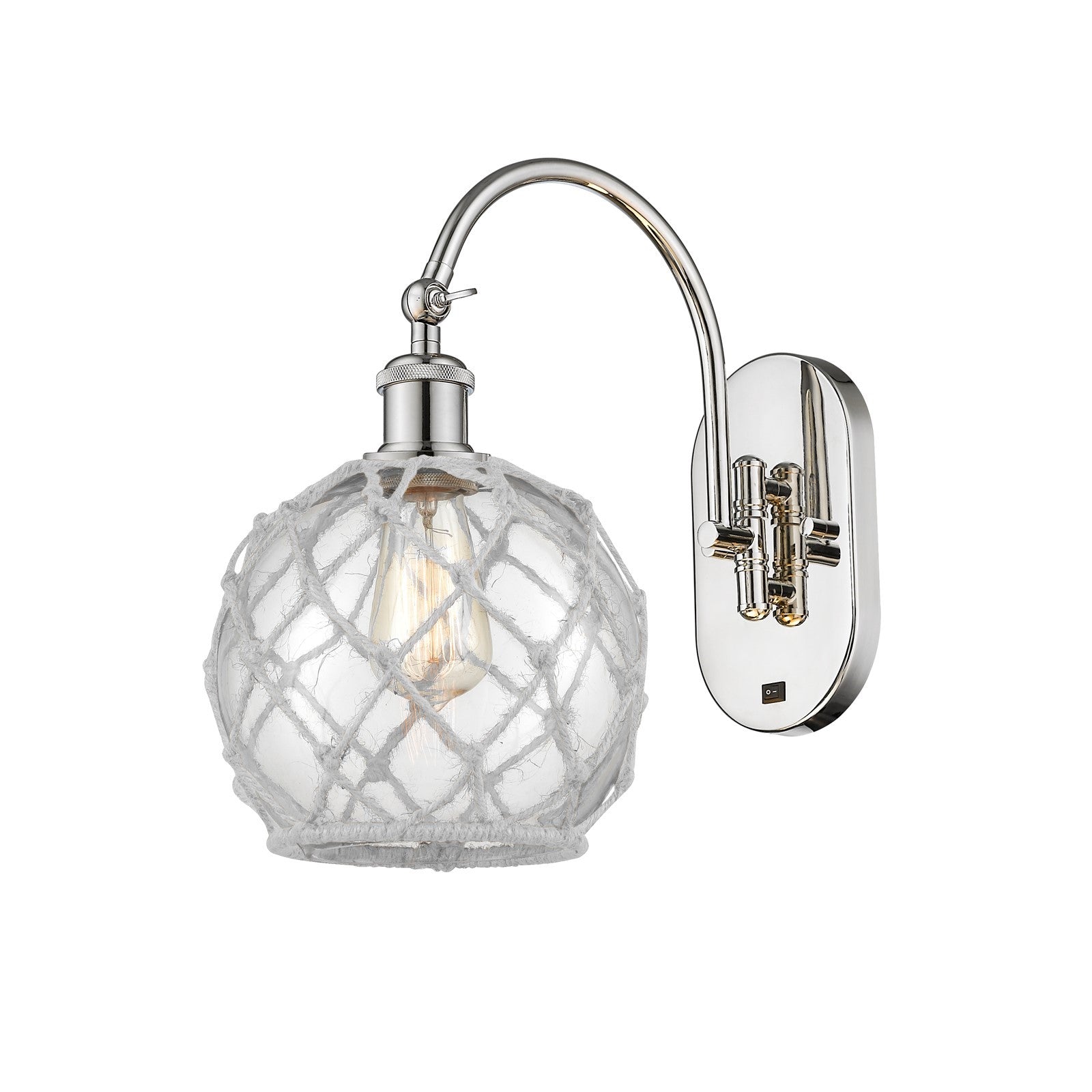 Innovations Farmhouse Rope 8in 1-Light Wall Sconce | Industrial Polished Nickel Steel and Clear Glass with White Rope | Bedroom | Model 918-1W-PN-G122-8RW