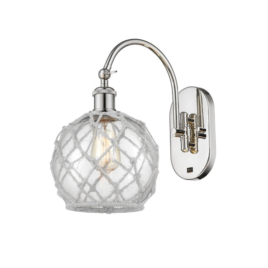 Innovations Farmhouse Rope 8in 1-Light Wall Sconce | Industrial Polished Nickel Steel and Clear Glass with White Rope | Bedroom | Model 918-1W-PN-G122-8RW