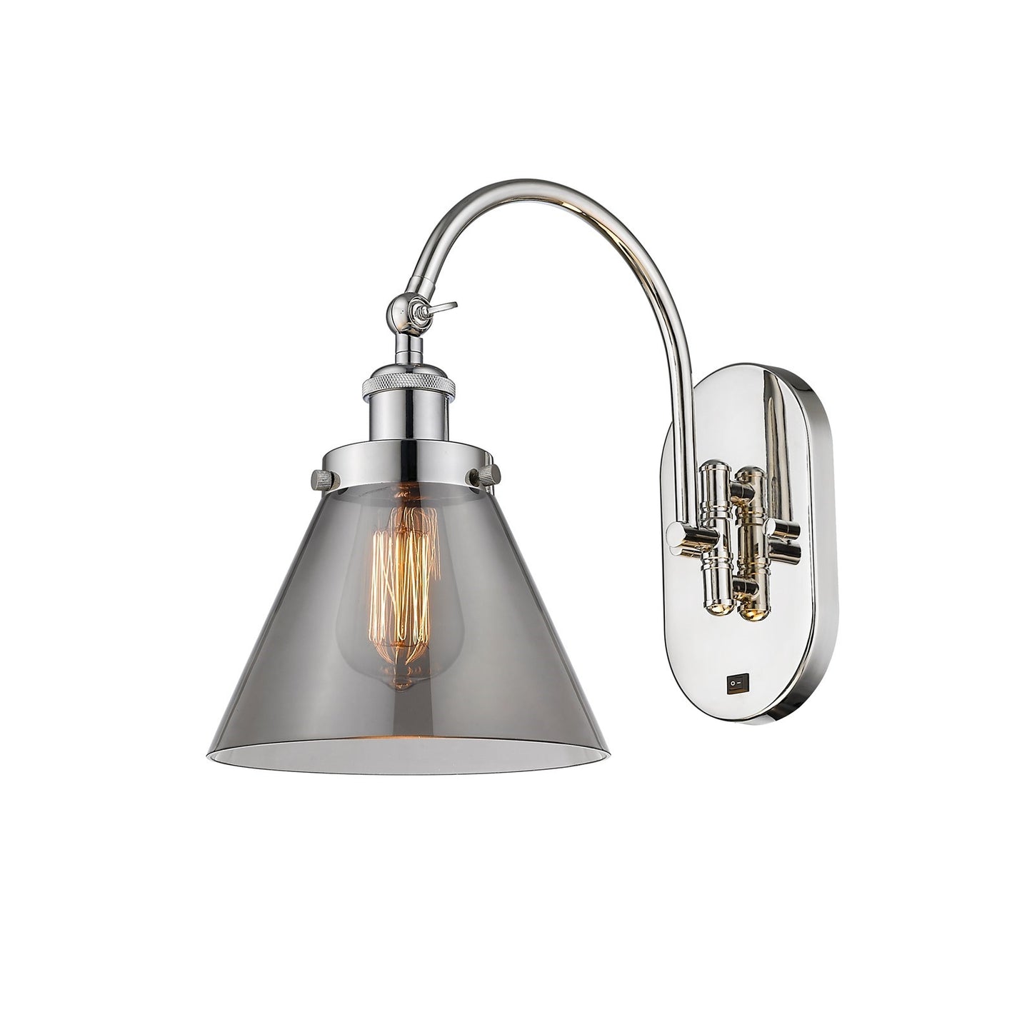 Innovations Cone 8in 1-Light Swing Arm Lamp | Industrial Polished Nickel Steel and Light Smoke Glass | Bedroom & Living Room Reading | Model 918-1W-PN-G43