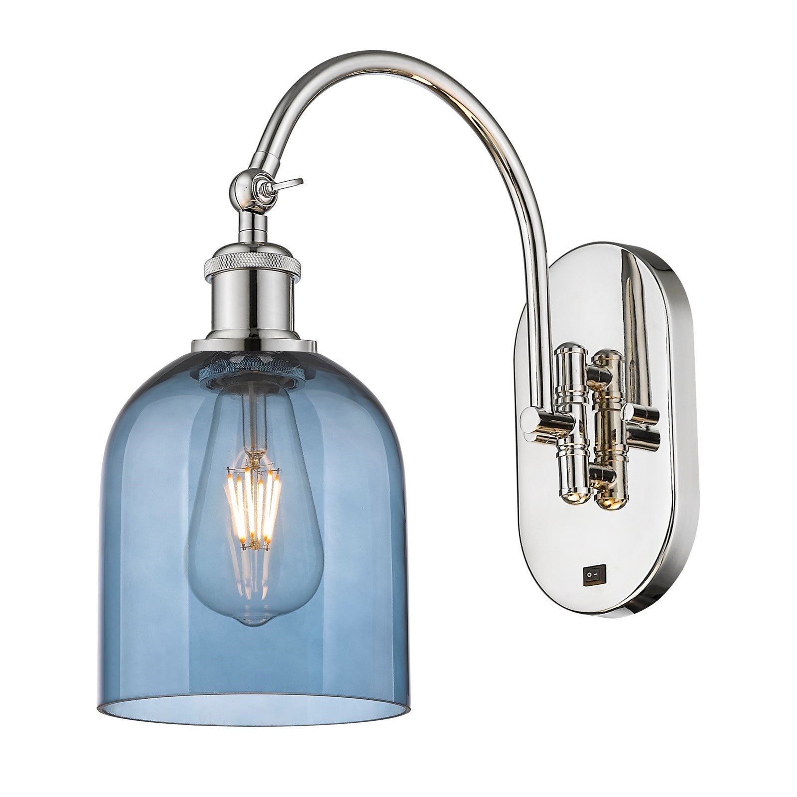 Innovations Bella 5.5in 1-Light Wall Sconce | Industrial Polished Nickel Steel and Blue Glass | Bedroom & Hallway Accent | Model 918-1W-PN-G558-6BL
