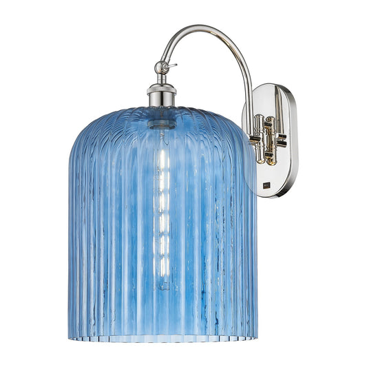 Innovations Bridal Veil 12in 1-Light Wall Sconce | Industrial Polished Nickel and Princess Blue Ribbed Glass | Living Room & | Model 918-1W-PN-G559-12BL