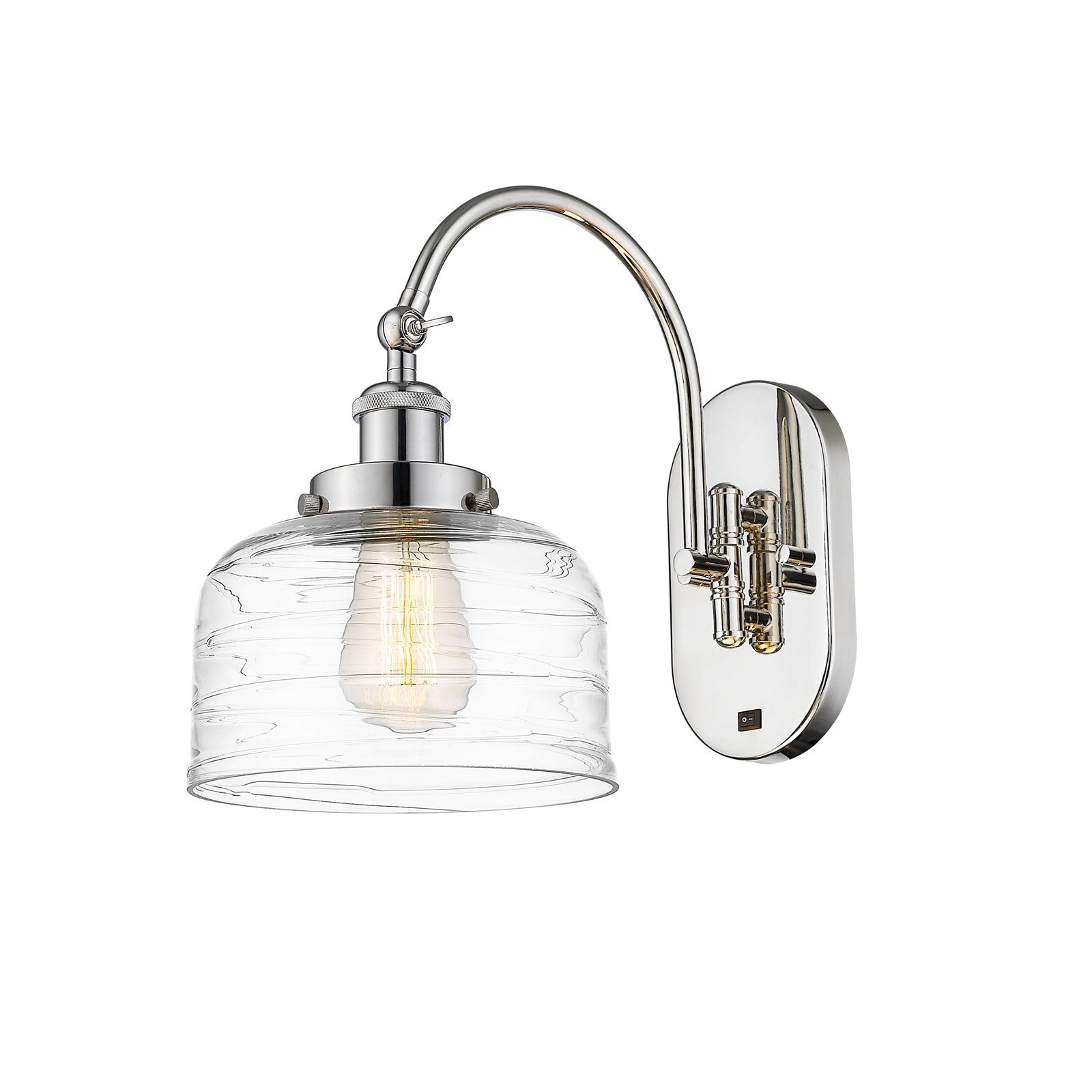 Innovations Bell 8in 1-Light Swing Arm Lamp | Industrial Polished Nickel Steel and Clear Deco Swirl Glass | Bedroom & Living | Model 918-1W-PN-G713-LED