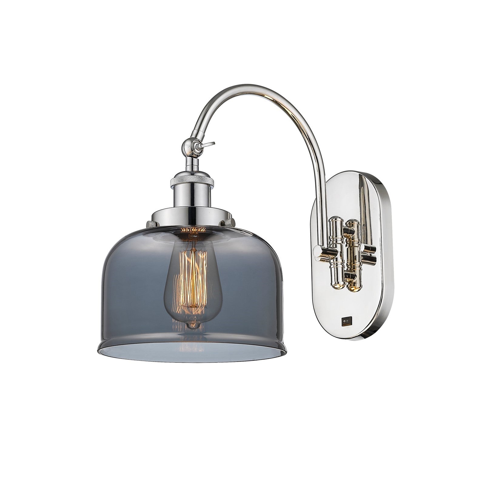 Innovations Bell 8in 1-Light Swing Arm Lamp | Industrial Polished Nickel Steel and Light Smoke Glass | Bedroom & Living Room Reading | Model 918-1W-PN-G73