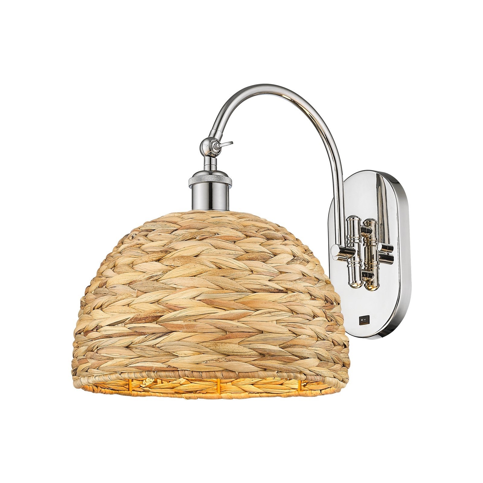Innovations Woven Rattan 12in 1-Light Wall Sconce | Industrial Polished Nickel Steel and Natural Fiber Dome Shade | Living | Model 918-1W-PN-RBD-12-NAT