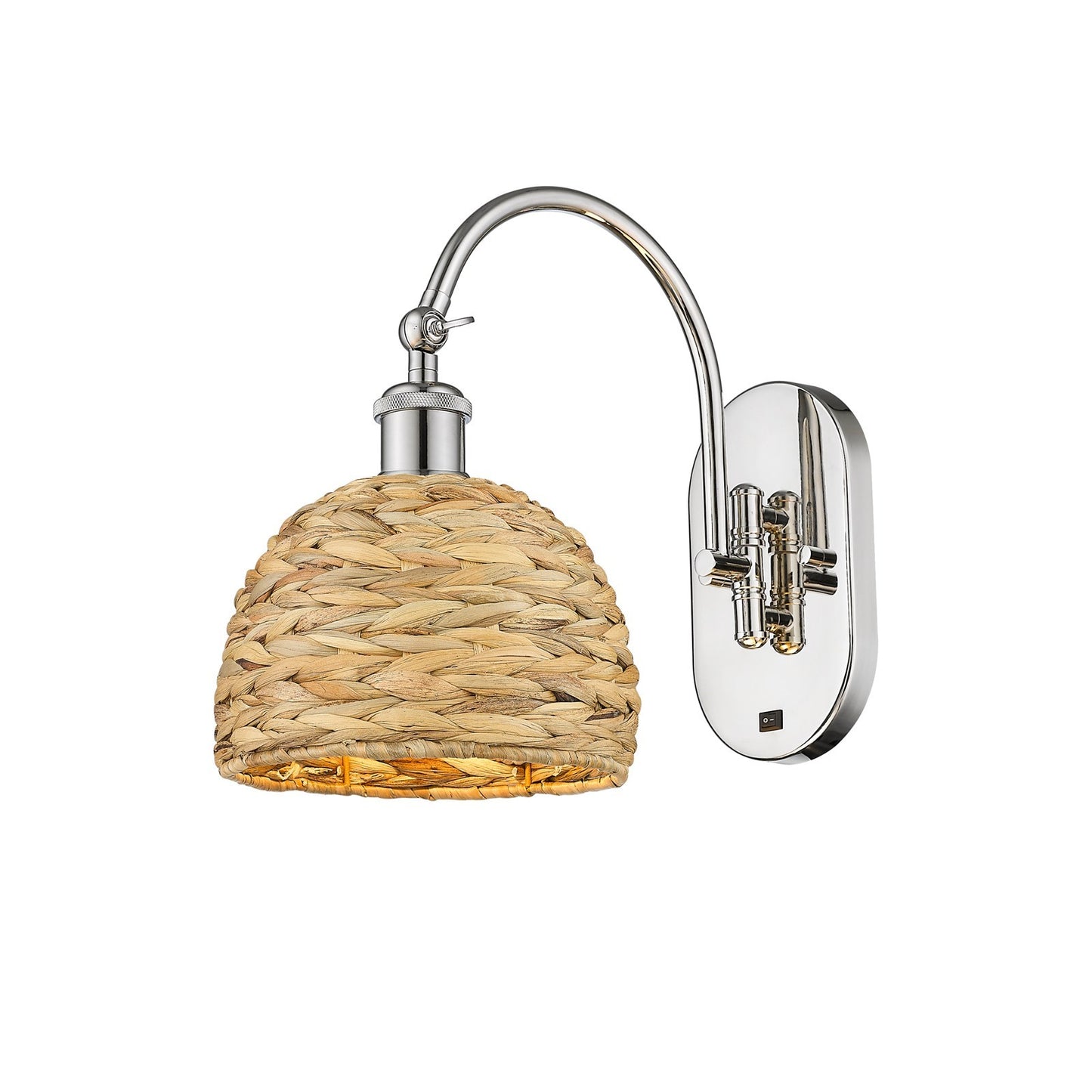 Innovations Woven Rattan 8in 1-Light Wall Sconce | Industrial Polished Nickel Steel and Natural Fiber Dome Shade | Bedroom & | Model 918-1W-PN-RBD-8-NAT