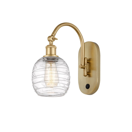 Innovations Belfast 6in 1-Light Wall Sconce | Industrial Satin Gold Steel and Deco Swirl Clear Glass | Bedroom & Hallway Accent | Model 918-1W-SG-G1013