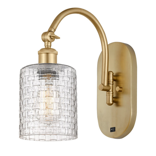 Innovations Cobbleskill 5in 1-Light Wall Sconce | Industrial Satin Gold Steel and Clear Basket Weave Glass | Bedroom & Hallway | Model 918-1W-SG-G112C-5CL