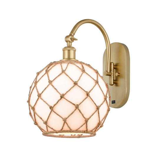 Innovations Farmhouse Rope 10in 1-Light Wall Sconce | Industrial Satin Gold Steel and Matte White Glass with Brown Rope | Model 918-1W-SG-G121-10RB