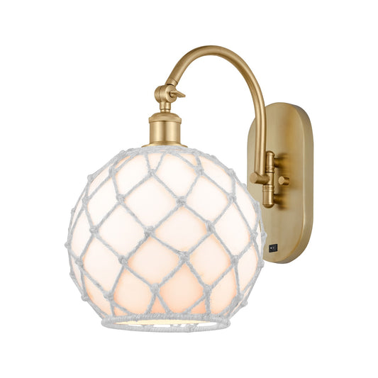 Innovations Farmhouse Rope 10in 1-Light Wall Sconce | Industrial Satin Gold Steel and White Glass with White Rope | Bathroom & | Model 918-1W-SG-G121-10RW