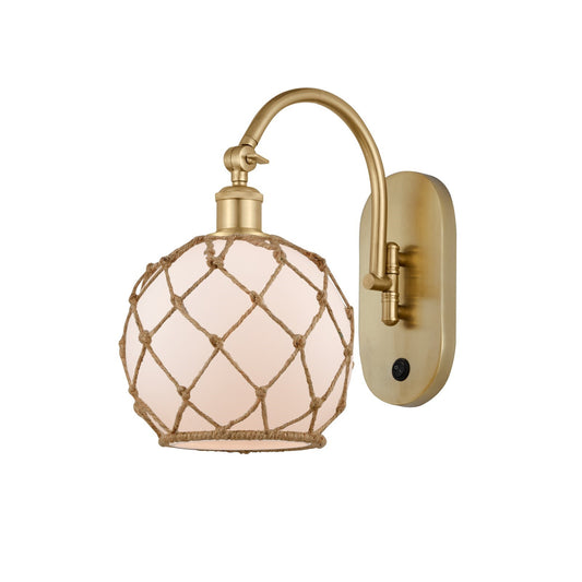 Innovations Farmhouse Rope 8in 1-Light Wall Sconce | Industrial Satin Gold Steel and White Glass with Brown Rope | Bedroom & | Model 918-1W-SG-G121-8RB