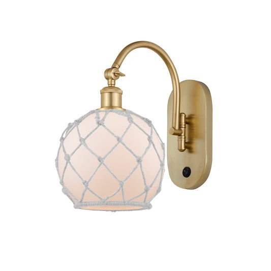 Innovations Farmhouse Rope 8in 1-Light Wall Sconce | Industrial Satin Gold Steel and White Glass with White Rope | Bedroom & | Model 918-1W-SG-G121-8RW