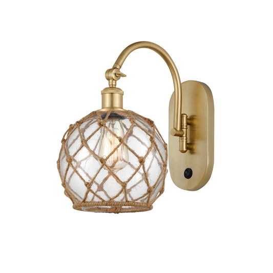 Innovations Farmhouse Rope 8in 1-Light Wall Sconce | Industrial Satin Gold Steel and Clear Glass with Brown Rope | Bedroom & | Model 918-1W-SG-G122-8RB