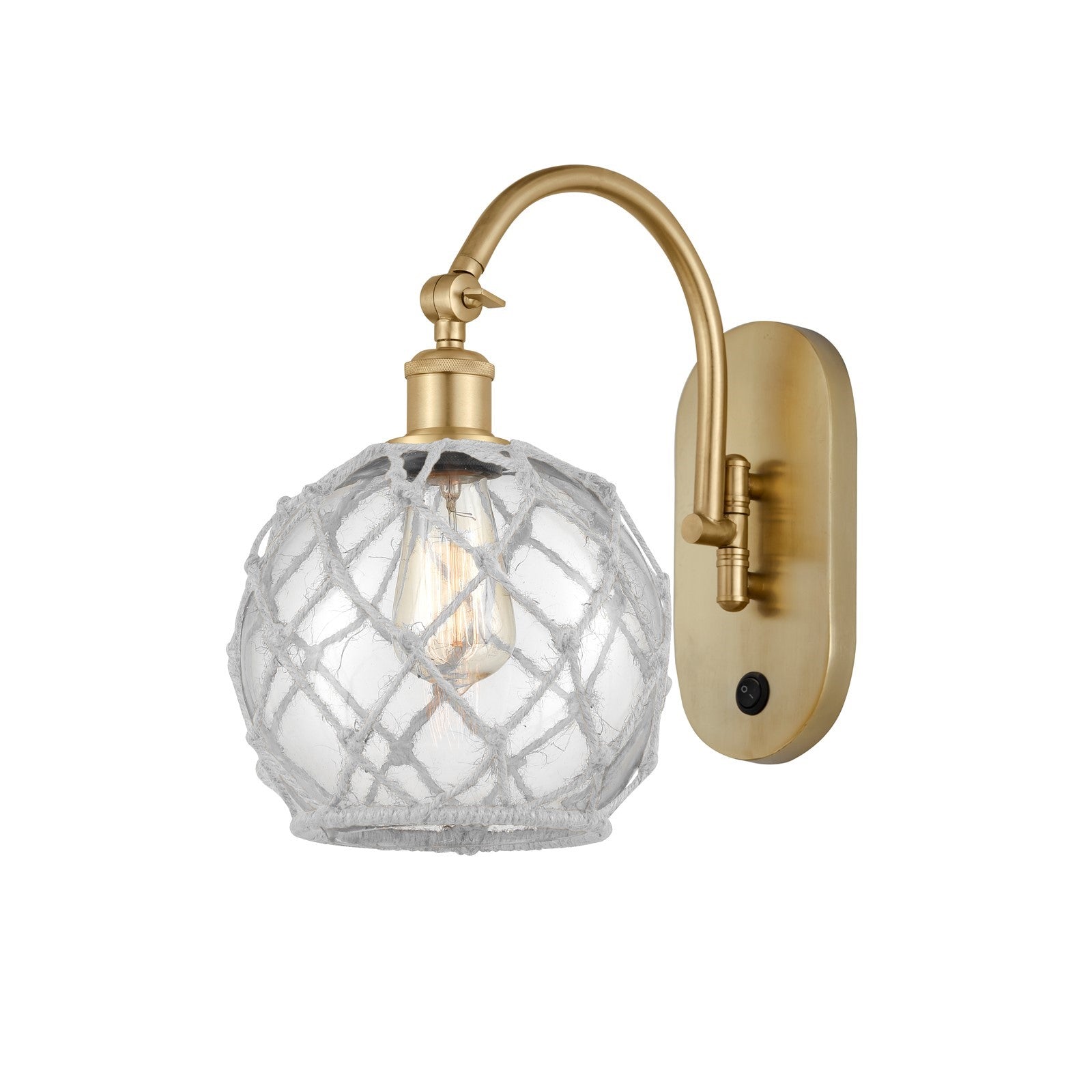 Innovations Farmhouse Rope 8in 1-Light Wall Sconce | Industrial Satin Gold Steel and Clear Glass with White Rope | Bedroom & | Model 918-1W-SG-G122-8RW