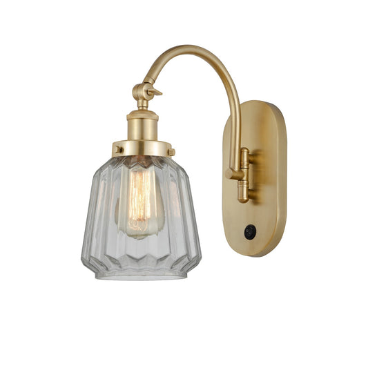 Innovations Chatham 7in 1-Light Swing Arm Sconce | Art Deco Satin Gold Steel and Clear Ribbed Glass | Bedroom & Living Room Reading | Model 918-1W-SG-G142