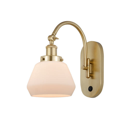 Innovations Fulton 7in 1-Light Swing Arm Sconce | Industrial Satin Gold Steel and Matte White Frosted Glass | Bedroom & Hallway | Model 918-1W-SG-G171