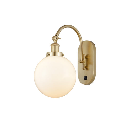 Innovations Beacon 8in 1-Light Swing Arm Wall Sconce | Industrial Satin Gold Steel and Matte White Frosted Glass | Bedroom & | Model 918-1W-SG-G201-8-LED