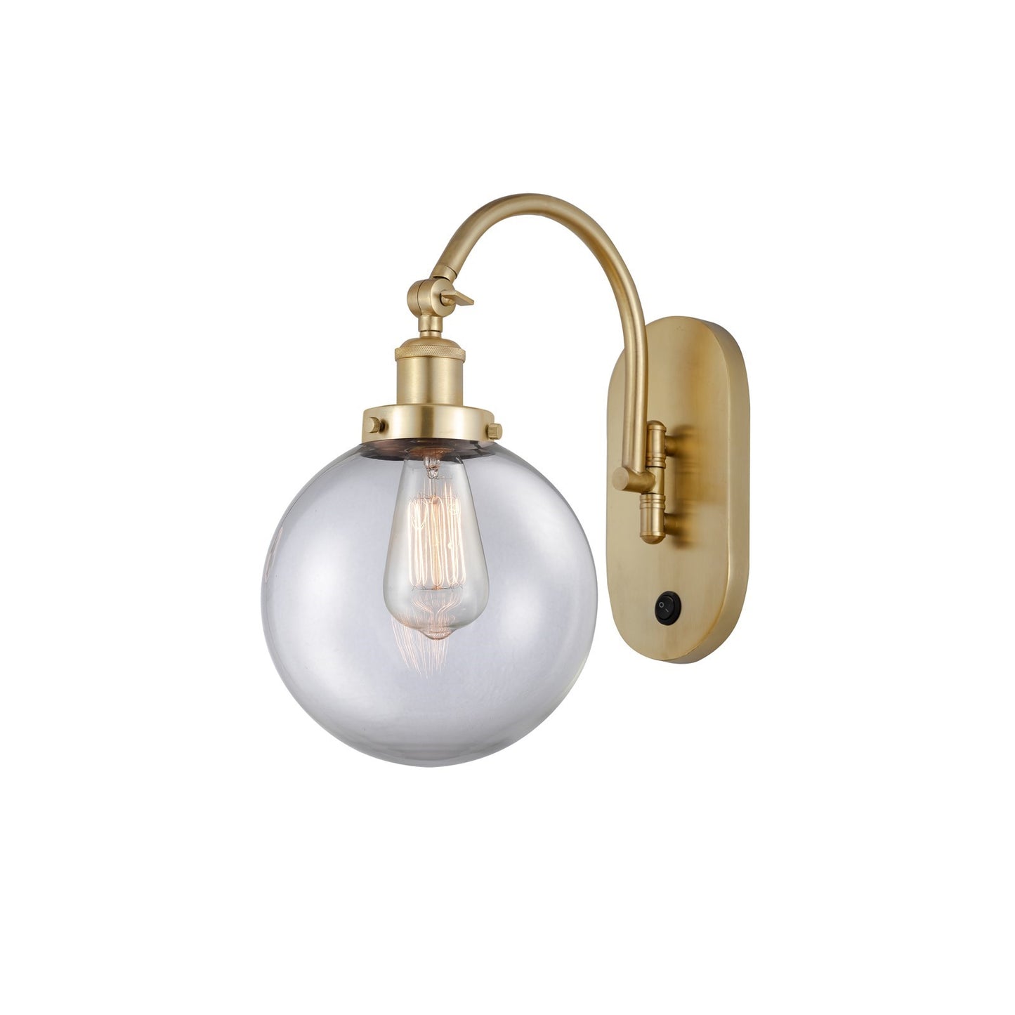Innovations Beacon 8in 1-Light Swing Arm Lamp | Industrial Satin Gold Steel and Clear Glass | Bedroom & Living Room Reading Light | Model 918-1W-SG-G202-8