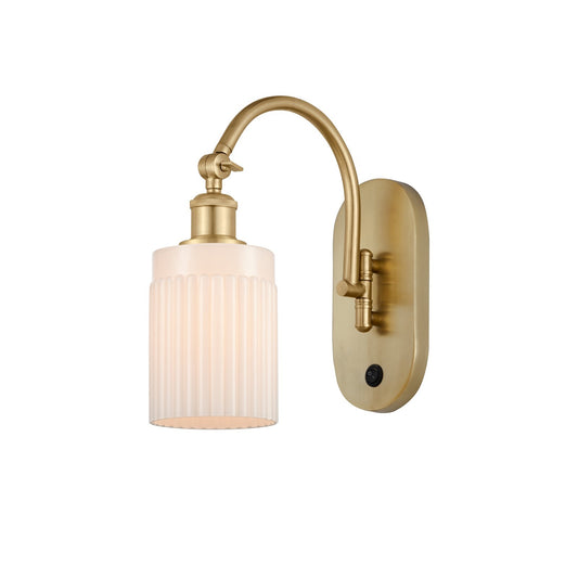 Innovations Hadley 5in 1-Light Wall Sconce | Industrial Satin Gold Steel and Matte White Ribbed Glass | Bathroom & Hallway Accent | Model 918-1W-SG-G341
