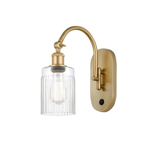 Innovations Hadley 5in 1-Light Wall Sconce | Industrial Satin Gold Steel and Clear Ribbed Glass | Bathroom & Hallway Accent | Model 918-1W-SG-G342