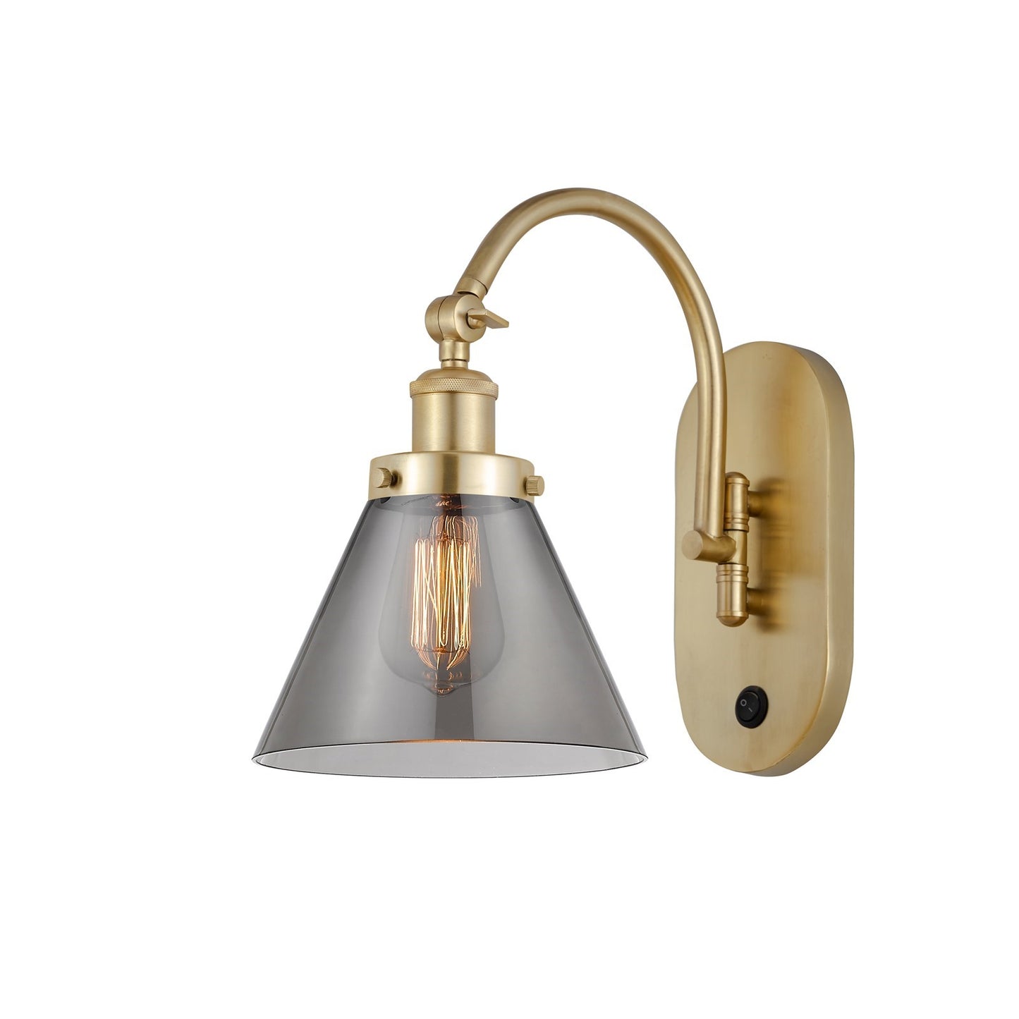 Innovations Cone 8in 1-Light Swing Arm Lamp | Industrial Satin Gold Steel and Light Smoke Glass | Bedroom & Living Room Reading | Model 918-1W-SG-G43-LED