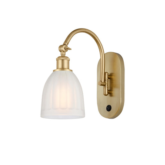 Innovations Brookfield 6in 1-Light Wall Sconce | Industrial Satin Gold Steel and White Ribbed Glass | Bedroom & Hallway Accent | Model 918-1W-SG-G441