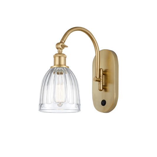 Innovations Brookfield 6in 1-Light Wall Sconce | Industrial Satin Gold Steel and Clear Ribbed Glass | Bedroom & Hallway Accent | Model 918-1W-SG-G442