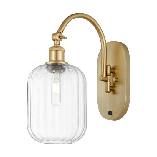 Innovations Preston Cylinder 6.75in 1-Light Wall Sconce | Industrial Satin Gold Steel and Clear Glass | Bedroom & Hallway | Model 918-1W-SG-G460-7CL