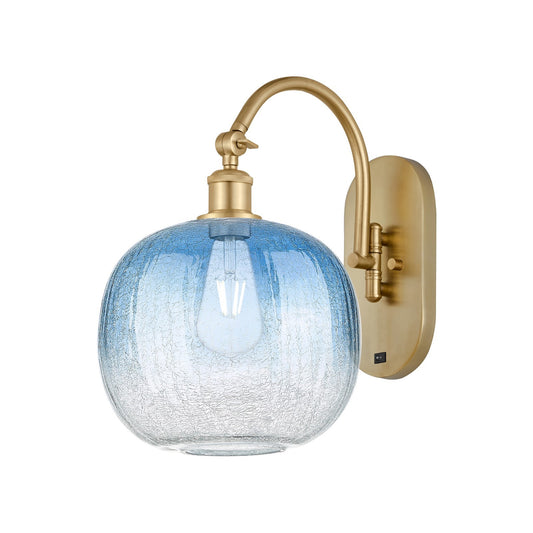 Innovations Brookhaven Sphere 10.5in 1-Light Wall Sconce | Industrial Satin Gold and Sapphire Blue Glass | Hallway & Bedroom | Model 918-1W-SG-G481-10SB