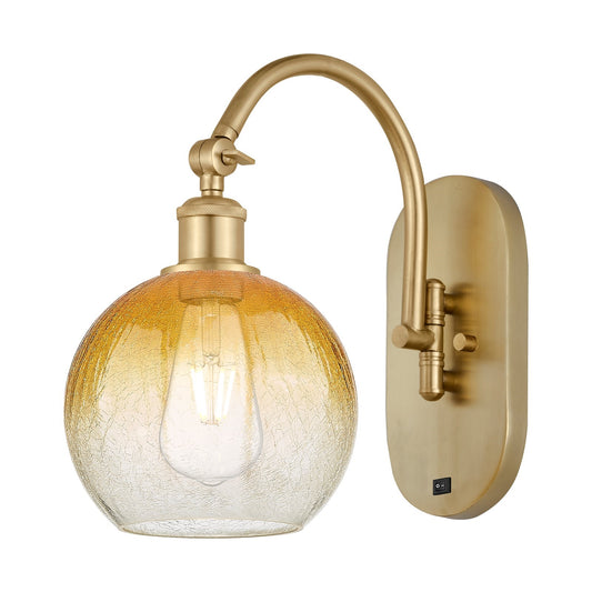 Innovations Brookhaven Globe 7.88in 1-Light Wall Sconce | Industrial Satin Gold Steel and Amber Glass | Bathroom & Hallway | Model 918-1W-SG-G483-8AM