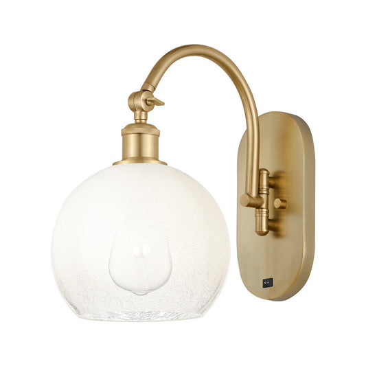 Innovations Brookhaven Globe 7.88in 1-Light Wall Sconce | Industrial Satin Gold Steel and Opal Glass | Bathroom & Hallway | Model 918-1W-SG-G483-8OP