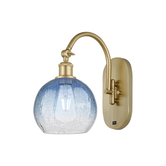 Innovations Brookhaven Globe 7.88in 1-Light Wall Sconce | Industrial Satin Gold Steel and Sapphire Blue Glass | Bathroom & | Model 918-1W-SG-G483-8SB