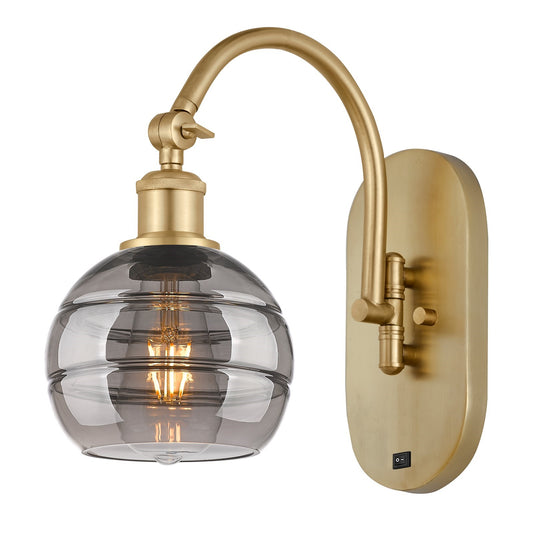Innovations Rochester 6in 1-Light Wall Sconce | Industrial Satin Gold Steel and Cast Brass with Light Smoke Glass | Bedroom & | Model 918-1W-SG-G556-6SM