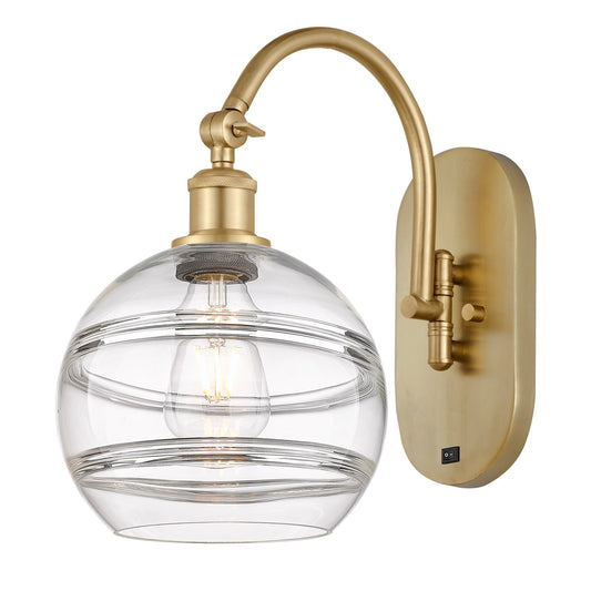Innovations Rochester 8in 1-Light Wall Sconce | Industrial Satin Gold Steel and Cast Brass with Clear Glass | Bedroom & Hallway | Model 918-1W-SG-G556-8CL