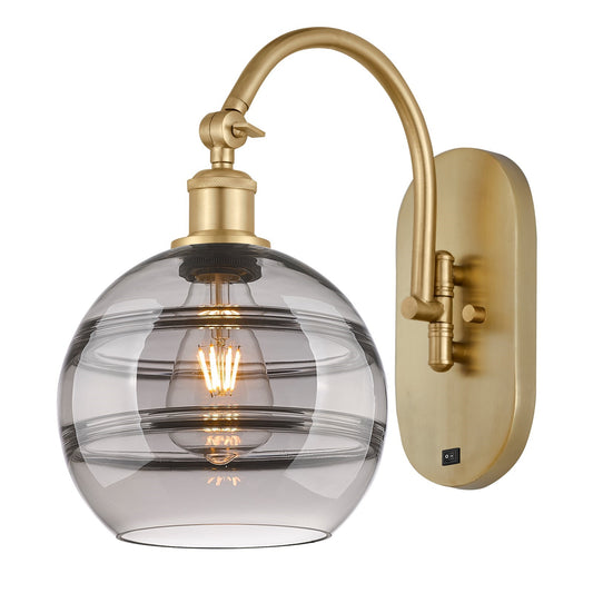 Innovations Rochester 8in 1-Light Wall Sconce | Industrial Satin Gold Steel and Cast Brass with Light Smoke Glass | Bedroom & | Model 918-1W-SG-G556-8SM