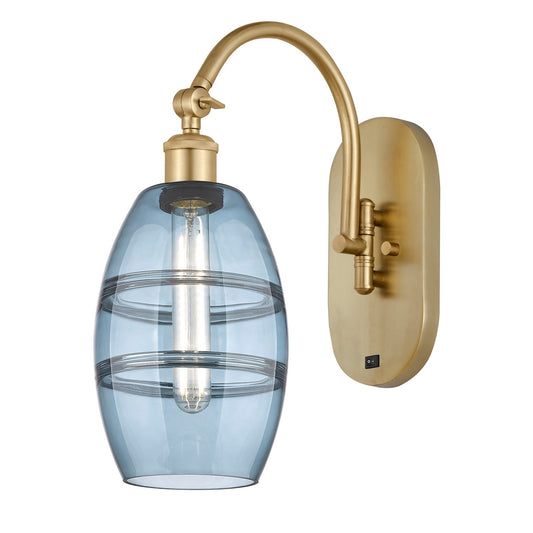 Innovations Vaz 6in 1-Light Wall Sconce | Industrial Satin Gold Steel and Cast Brass with Blue Glass | Bedroom & Hallway Accent | Model 918-1W-SG-G557-6BL