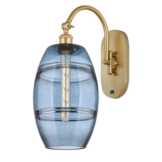 Innovations Vaz 8in 1-Light Wall Sconce | Industrial Satin Gold Steel and Blue Glass | Bedroom & Hallway Accent | 8 x 19 in | Model 918-1W-SG-G557-8BL