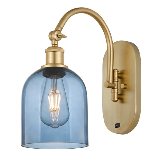 Innovations Bella 5.5in 1-Light Wall Sconce | Industrial Satin Gold Steel and Blue Glass | Bathroom & Hallway Accent | Model 918-1W-SG-G558-6BL