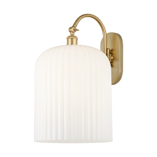Innovations Bridal Veil 12in 1-Light Wall Sconce | Industrial Satin Gold Steel and Gloss White Ribbed Glass | Bathroom & | Model 918-1W-SG-G559-12GWH