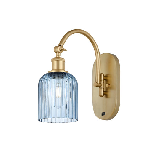 Innovations Bridal Veil 5in 1-Light Wall Sconce | Industrial Satin Gold Steel and Princess Blue Ribbed Glass | Bedroom & | Model 918-1W-SG-G559-5BL