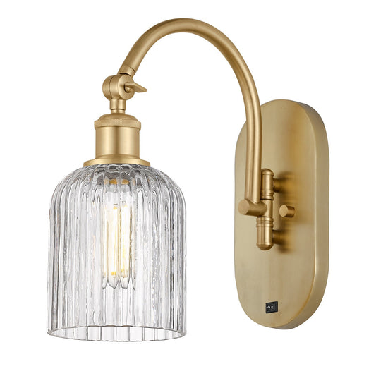 Innovations Bridal Veil 5in 1-Light Wall Sconce | Industrial Satin Gold Steel and Clear Ribbed Glass | Bedroom & Hallway Accent | Model 918-1W-SG-G559-5CL