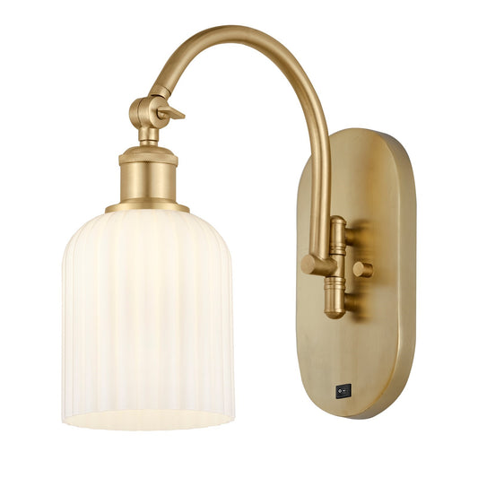 Innovations Bridal Veil 5in 1-Light Wall Sconce | Industrial Satin Gold Steel and Gloss White Ribbed Glass | Bedroom & Hallway | Model 918-1W-SG-G559-5GWH